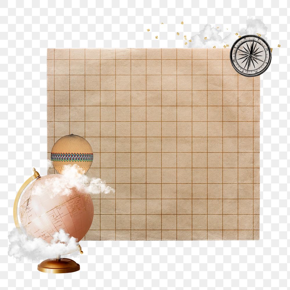 Travel globe png sticker, grid paper collage, transparent background