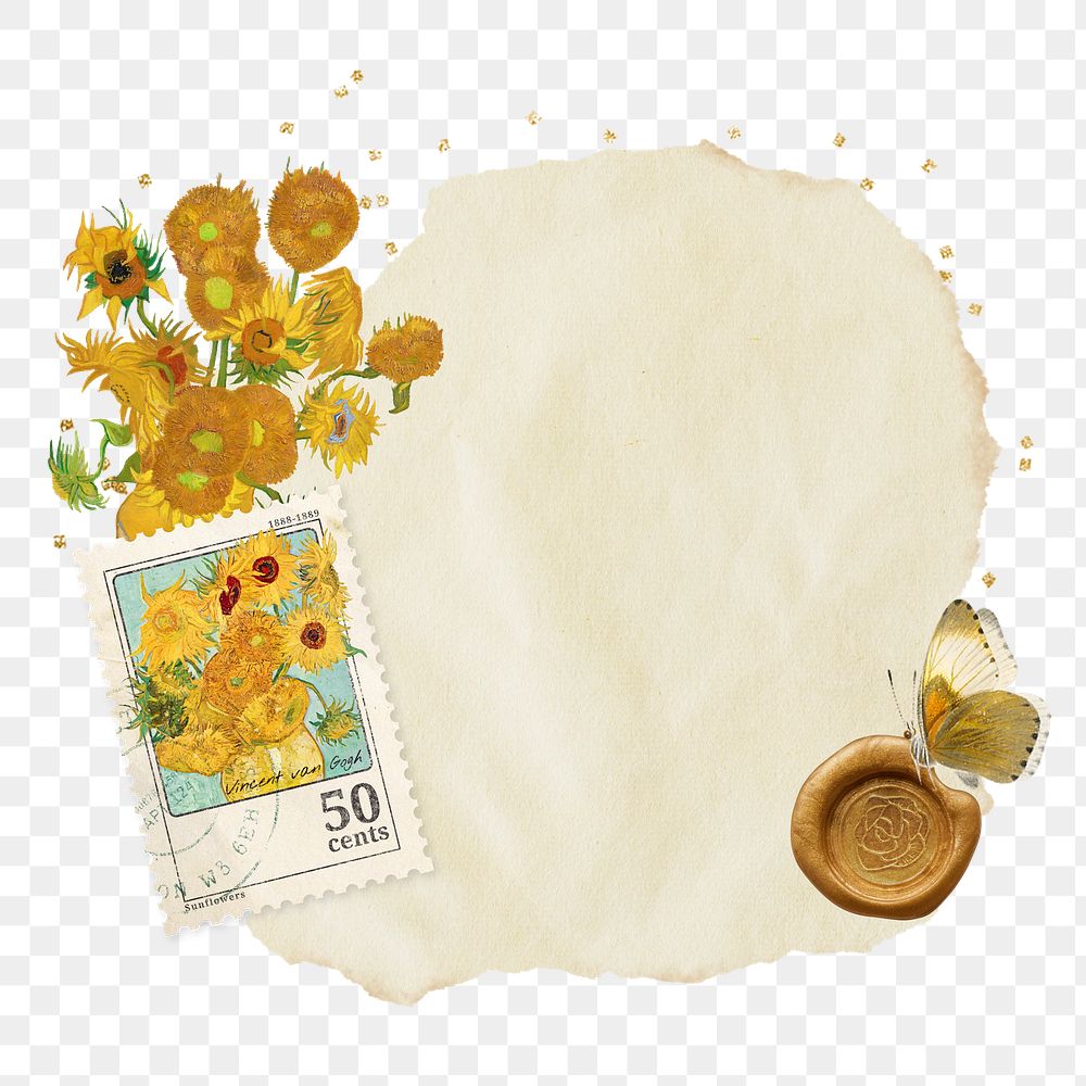 Van Gogh's Sunflowers png paper sticker, transparent background, remixed by rawpixel
