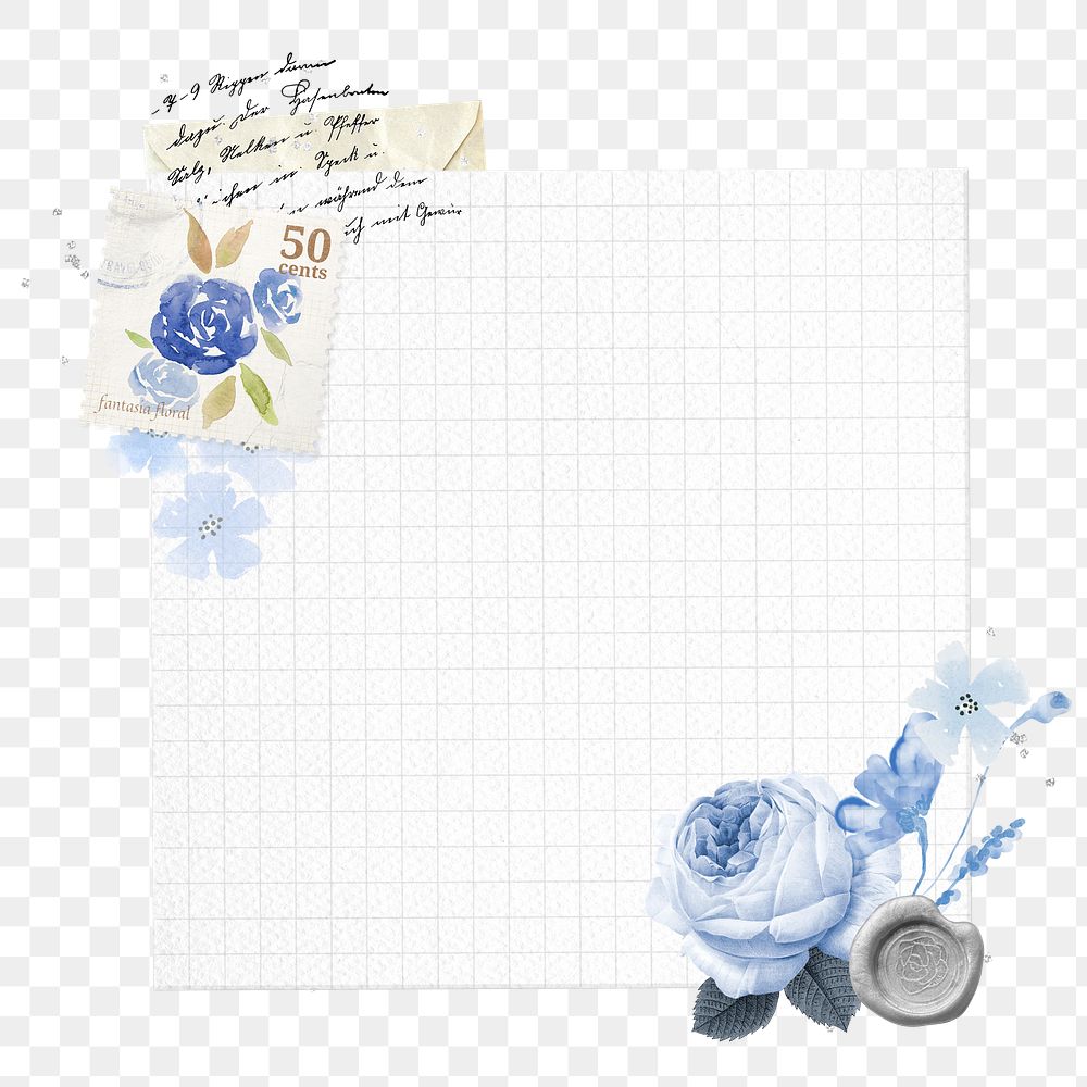 Grid notepaper png blue rose border sticker, transparent background, remix illustration