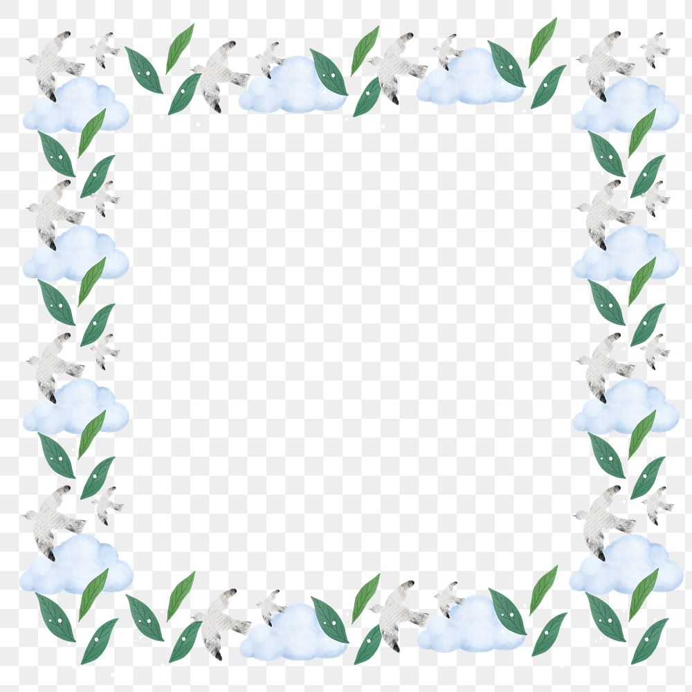 Leafy cloud png patterned frame, transparent background