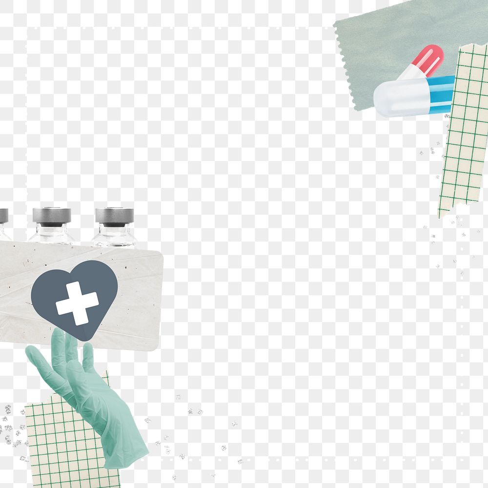 Healthcare png border, vaccine and medicine collage, transparent background