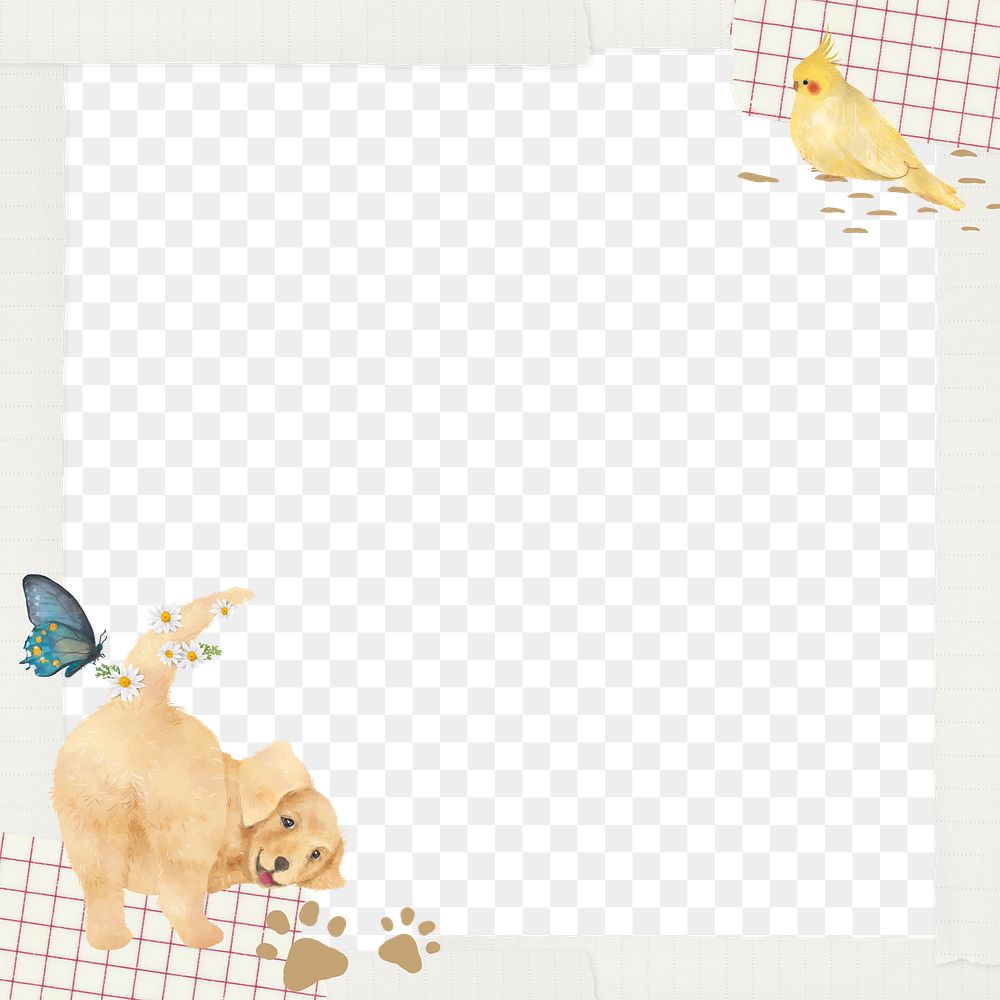 Cute paper png frame, Golden Retriever dog illustration, transparent background