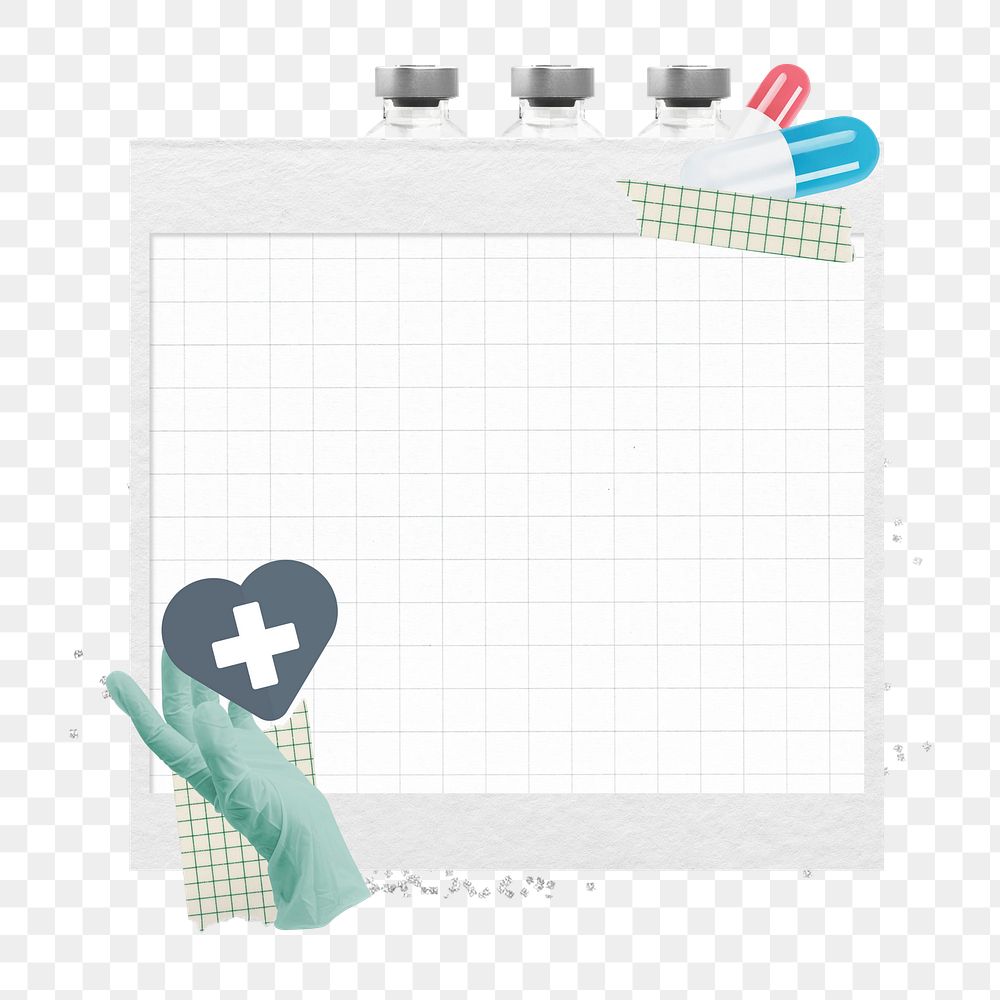 Healthcare note paper png sticker, vaccine and medicine collage, transparent background