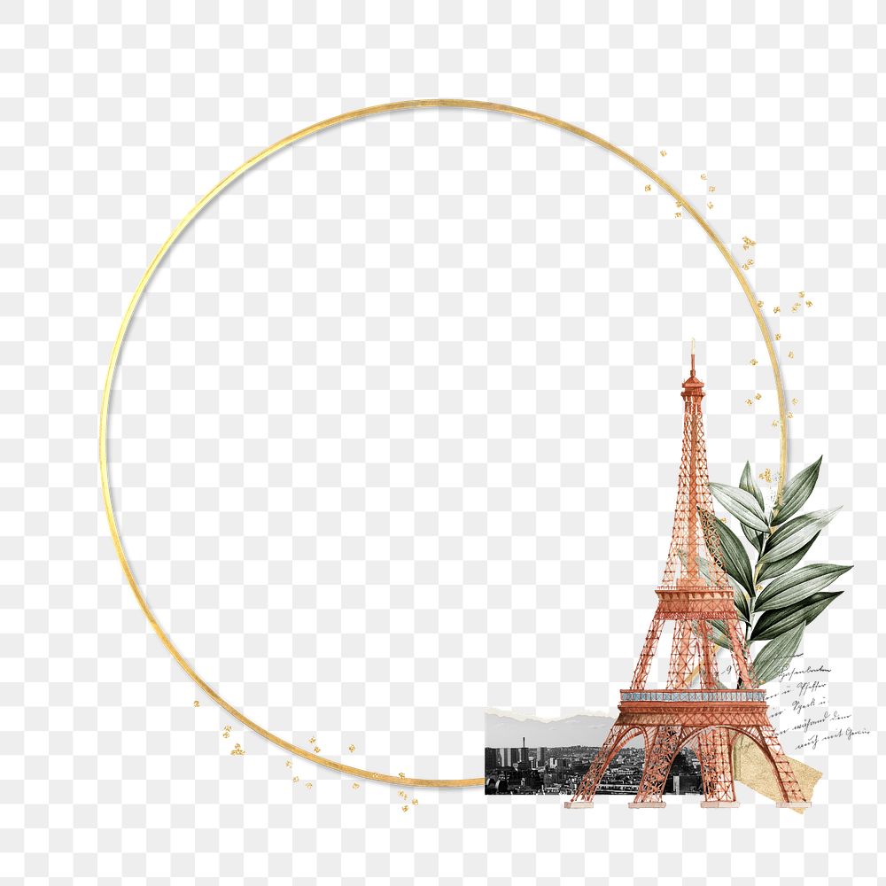 Eiffel Tower png frame, gold circle design, transparent background