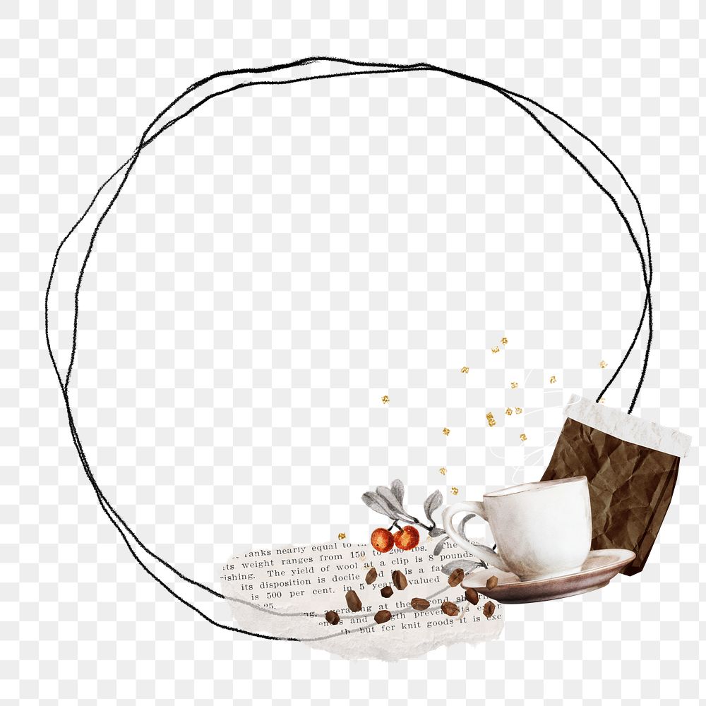 Coffee aesthetic png frame, circle doodle, transparent background