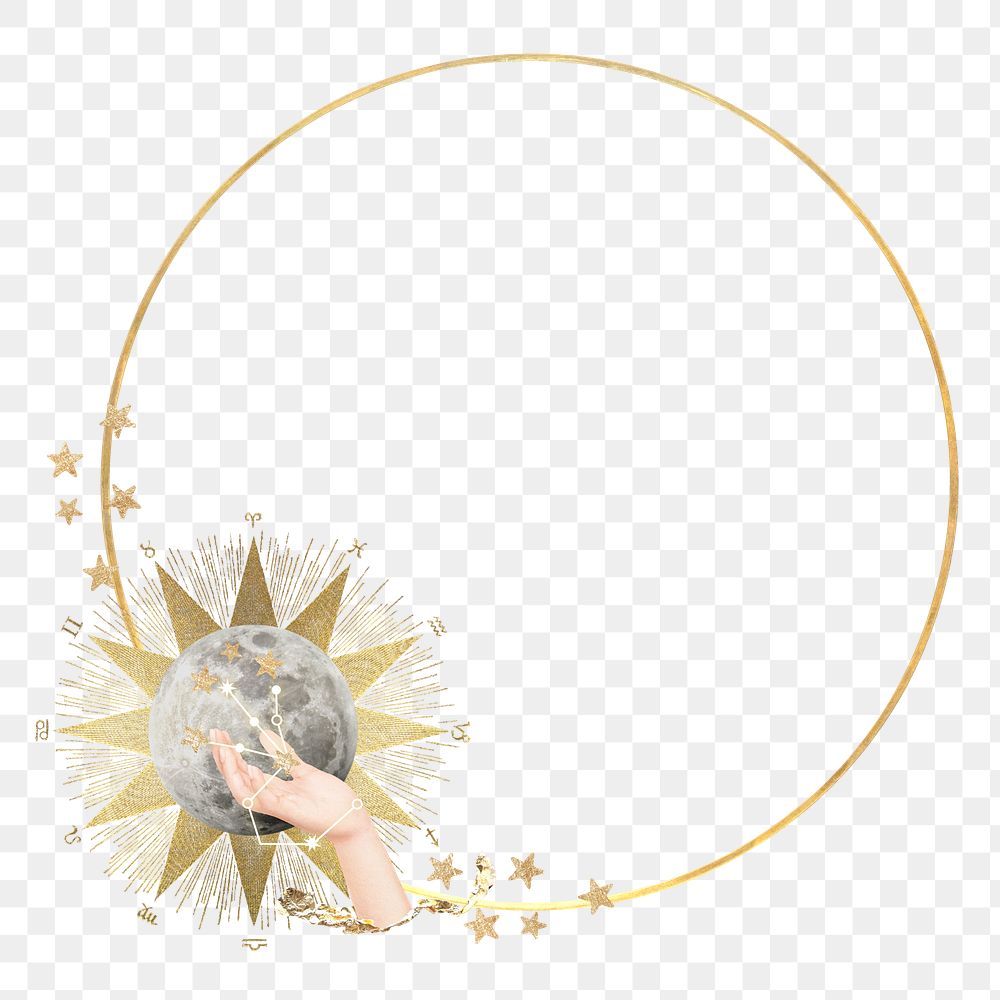 Celestial moon png frame, aesthetic circle design, transparent background