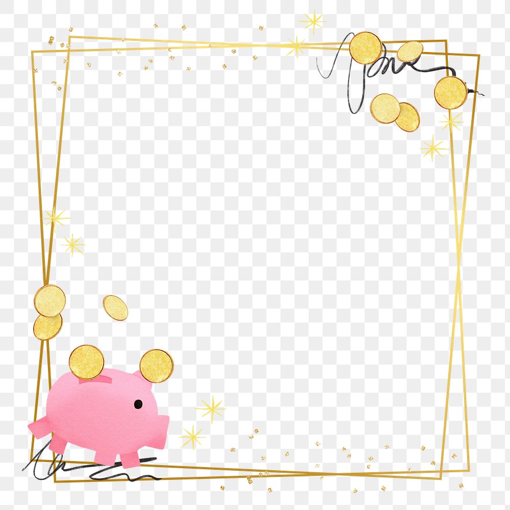 Piggy bank savings png frame, gold square shape, transparent background