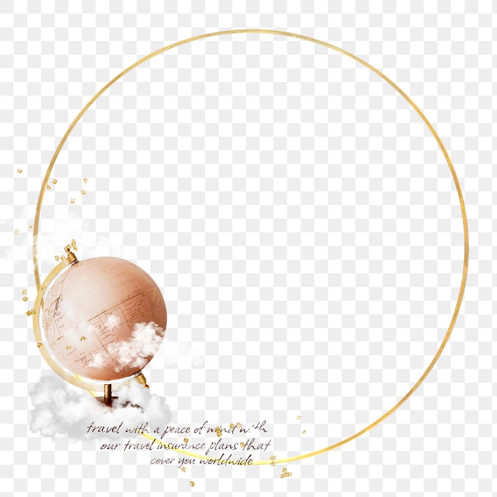 Travel globe png frame, gold circle design, transparent background