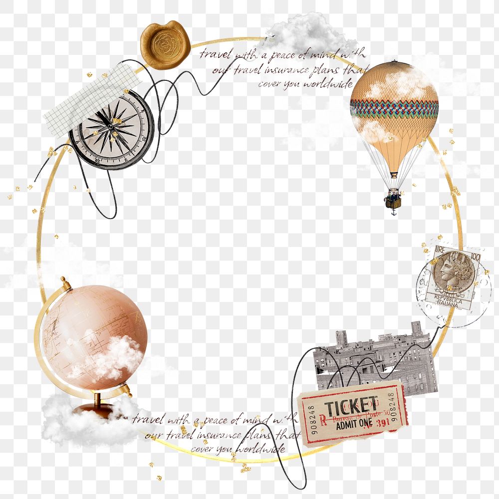 Aesthetic travel png collage frame, transparent background