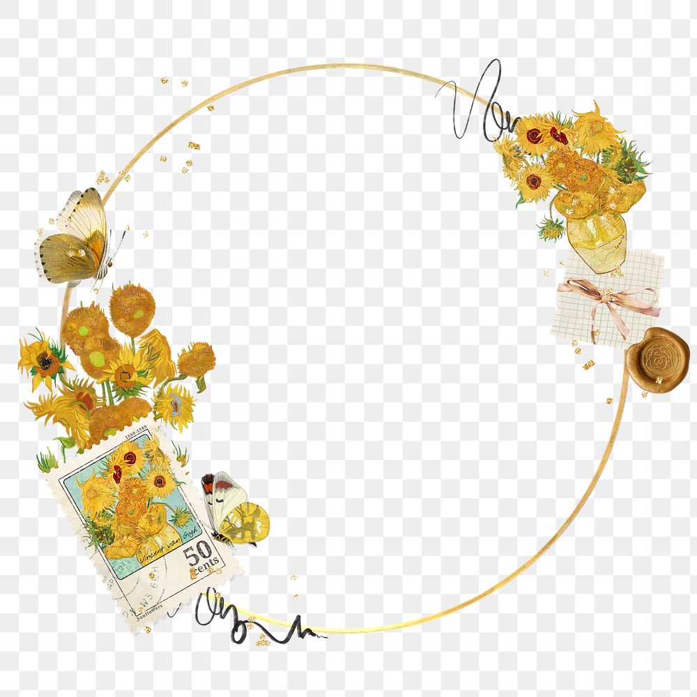 Van Gogh's Sunflowers png frame, transparent background, remixed by rawpixel