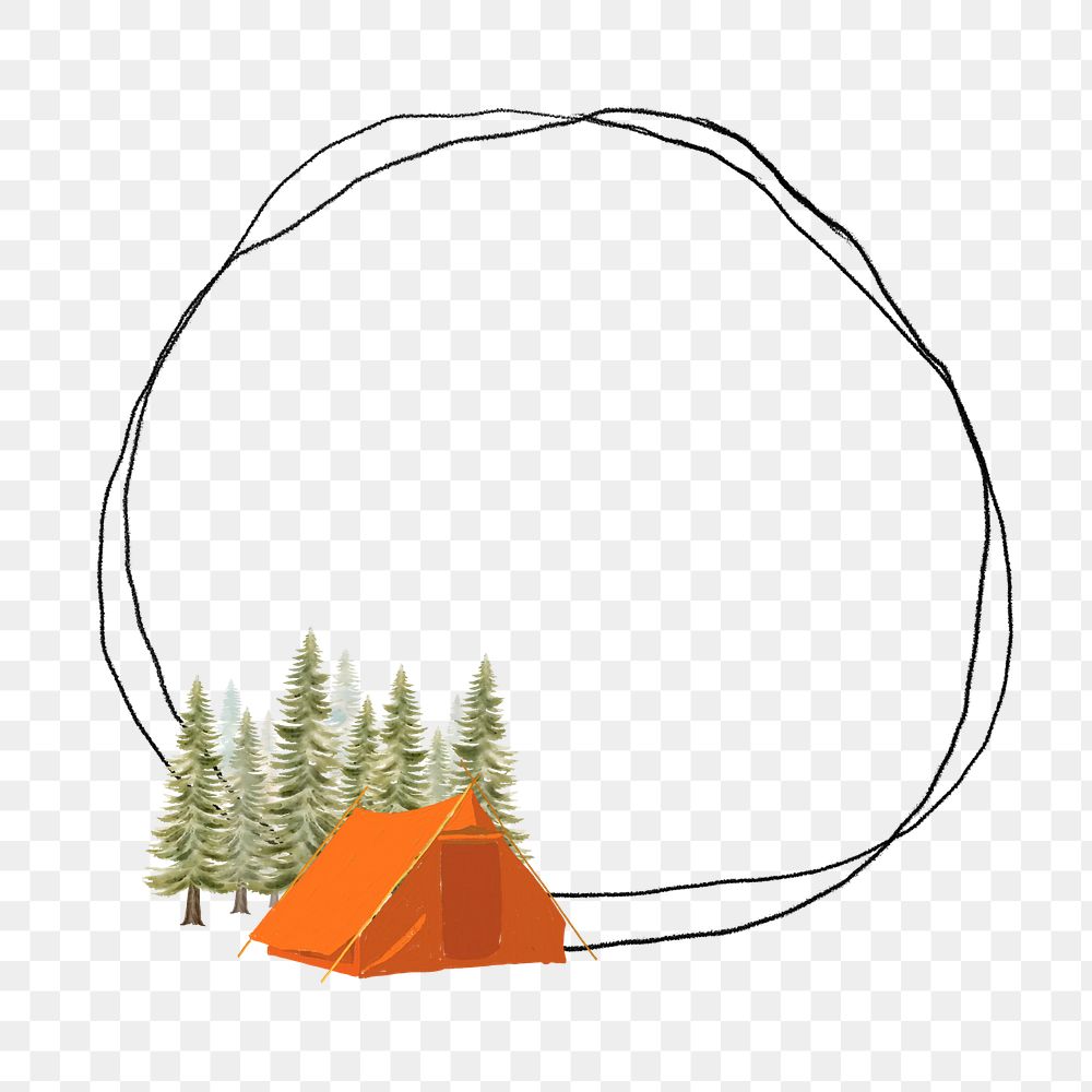 Camping tent png frame, circle doodle, transparent background