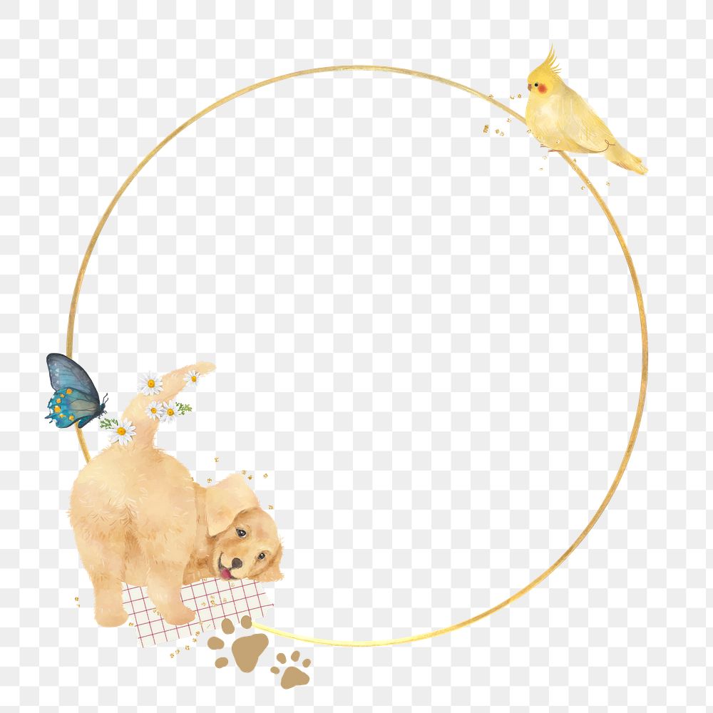 Gold circle png frame, Golden Retriever dog illustration, transparent background
