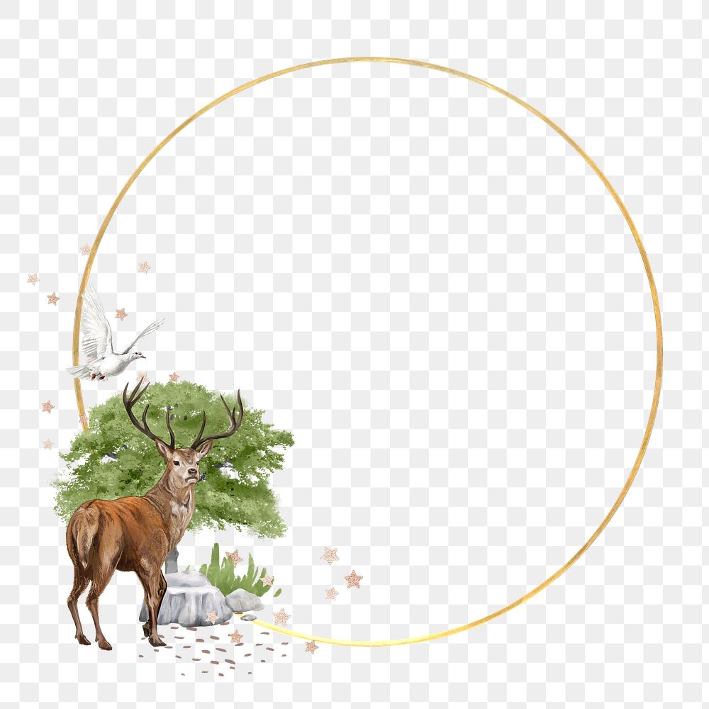 Gold circle png frame, stag deer wildlife illustration, transparent background