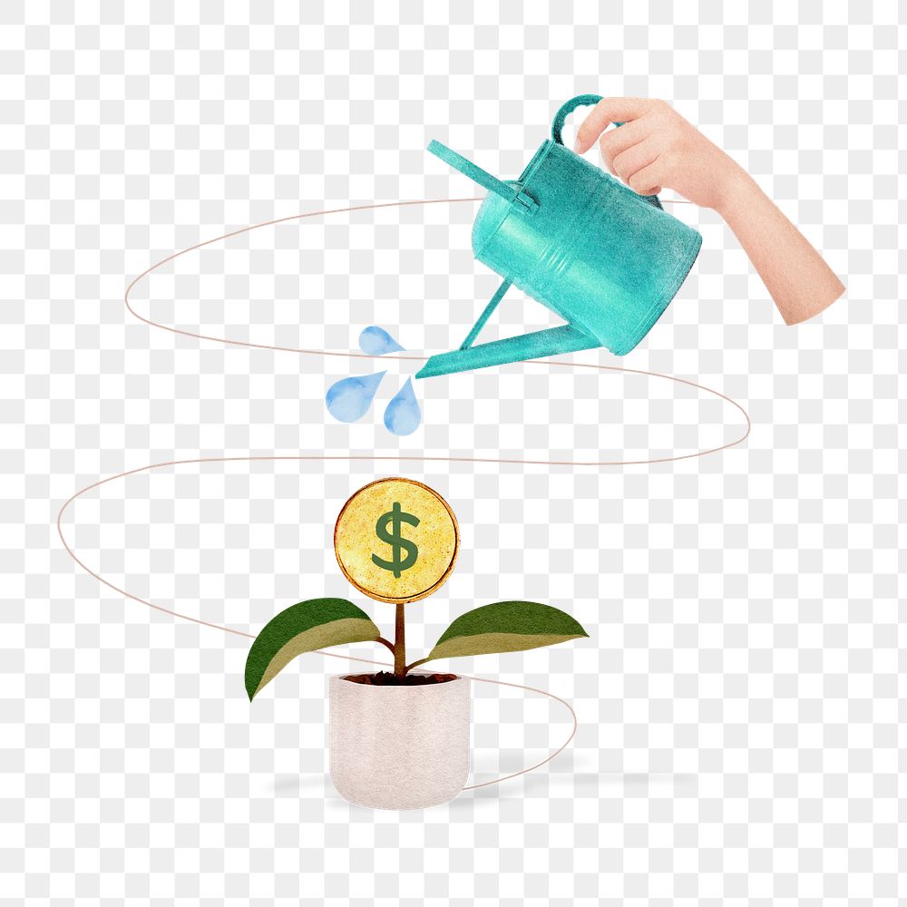Watering plant money png sticker, transparent background