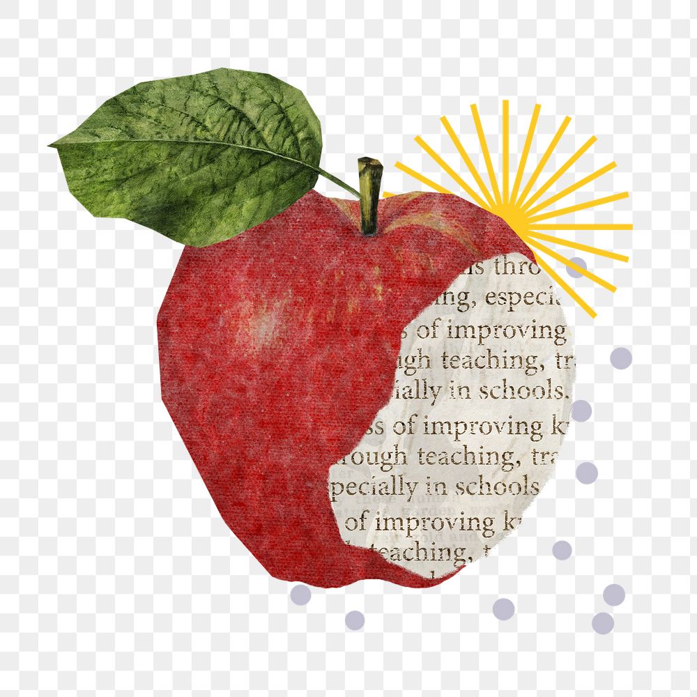 Bitten apple png sticker, creative education paper collage on transparent background