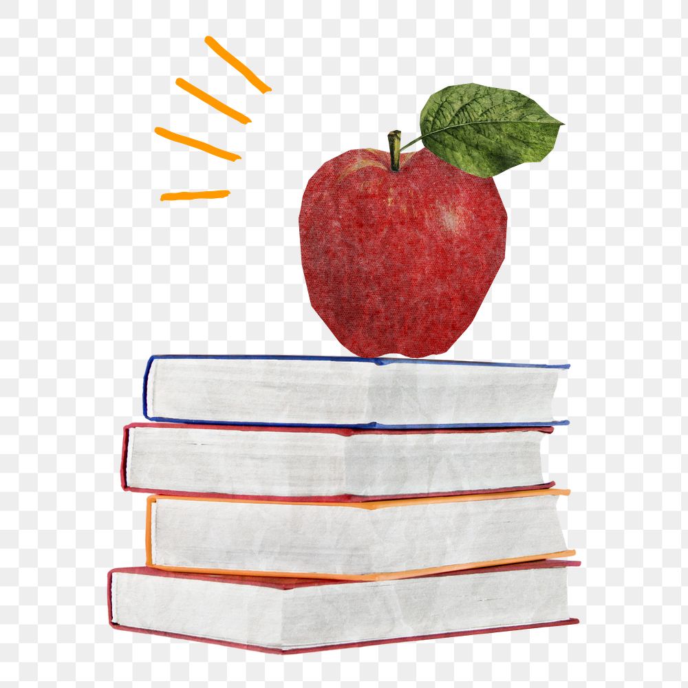 Apple on books png sticker, education paper collage, transparent background