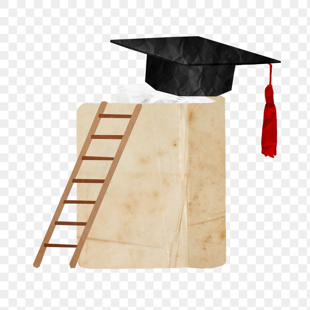Ladder png graduation cap sticker, education paper collage on transparent background