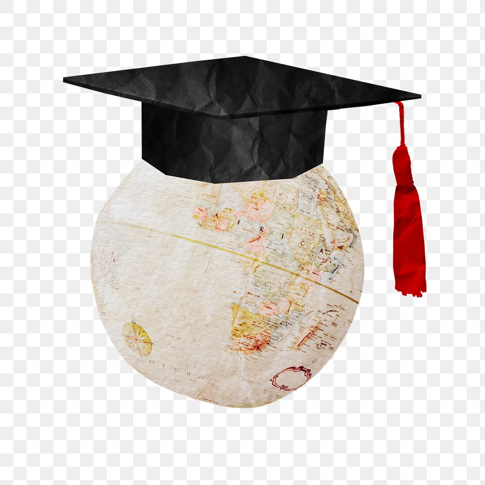 Graduation cap globe png sticker, education paper collage on transparent background