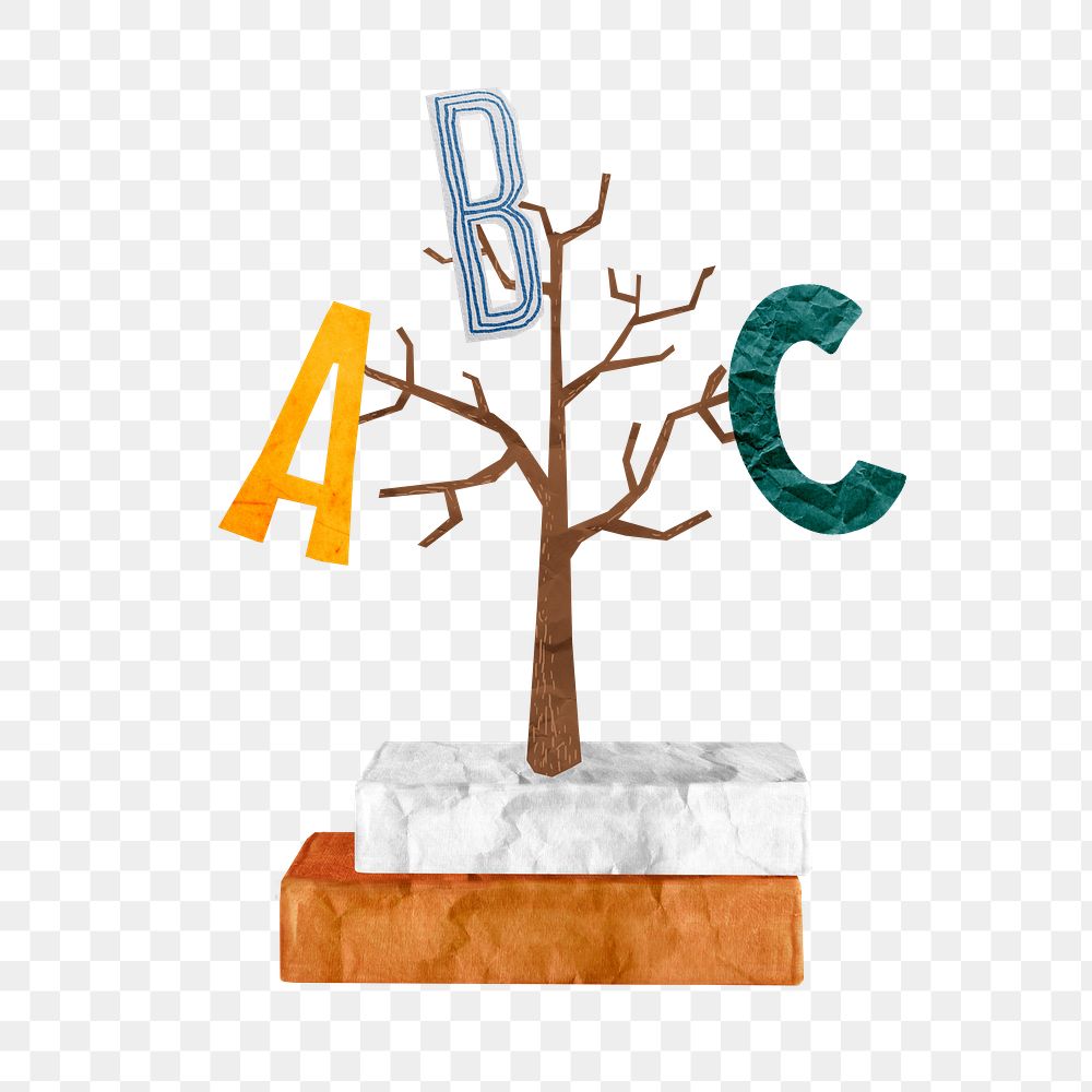 English alphabet tree png sticker, education paper collage on transparent background