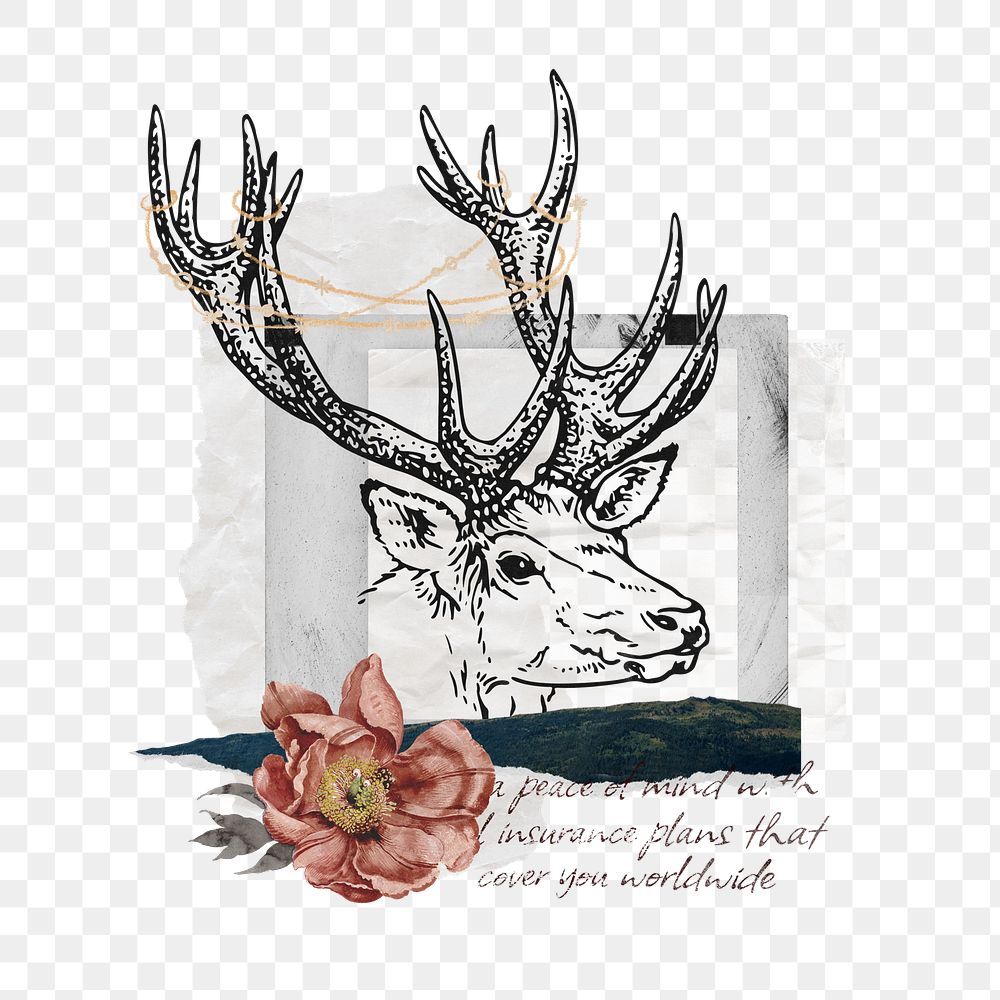 Vintage reindeer stag png sticker, flower collage, transparent background