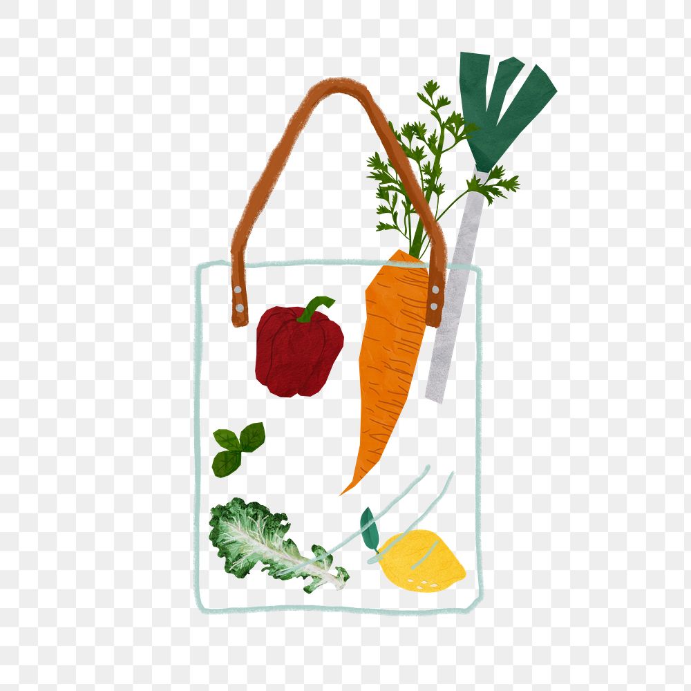 Healthy grocery bag png sticker, food collage element, transparent background