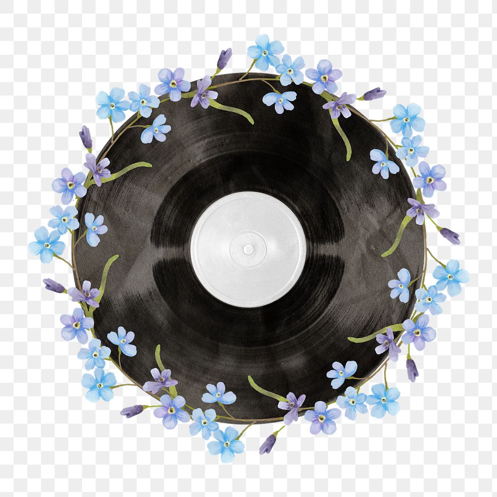 Floral vinyl record png sticker, music aesthetic collage element, transparent background
