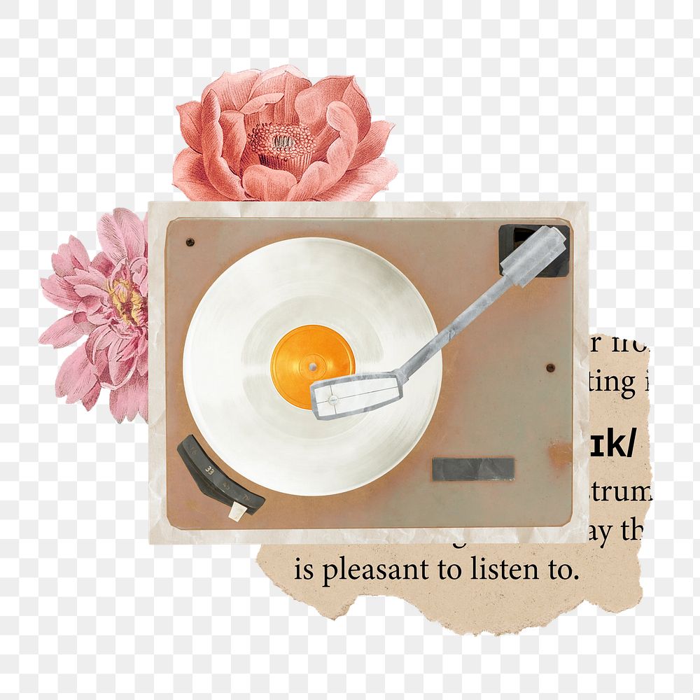 Vinyl record player png sticker, music floral aesthetic collage, transparent background