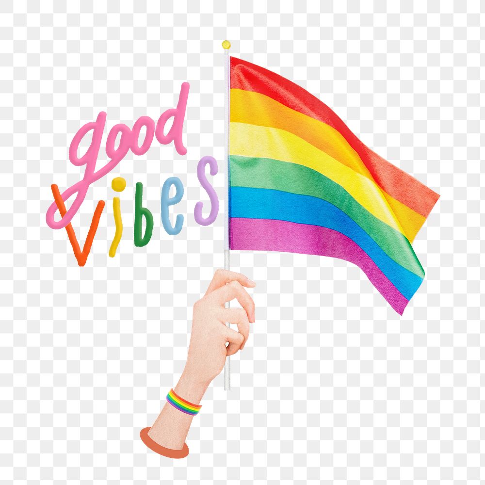 Good vibes words png sticker, waving pride flag, transparent background