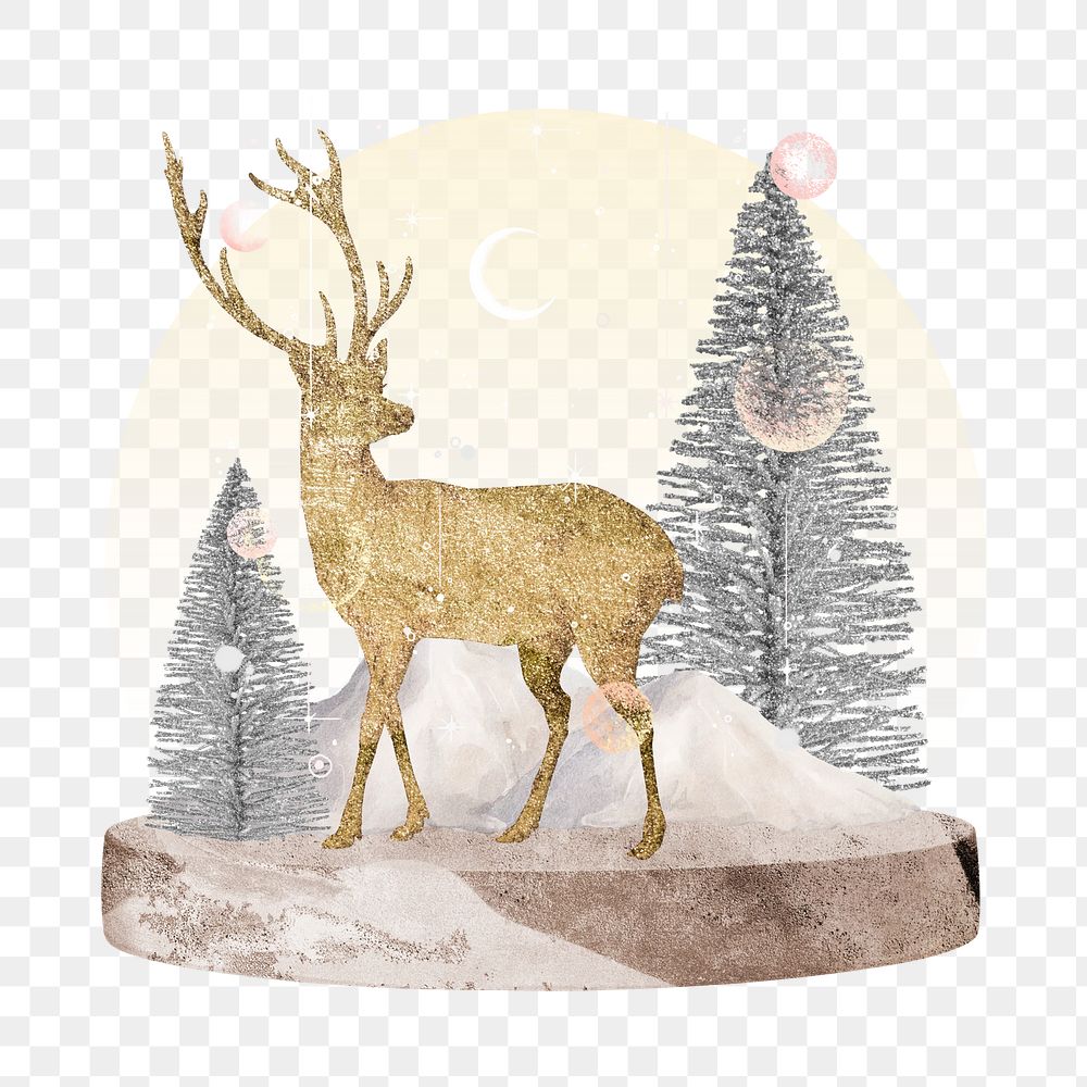 Christmas snow globe, gold stag png sticker, transparent background
