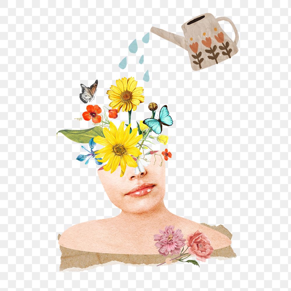 Self-growth woman png sticker, can watering mind collage, transparent background