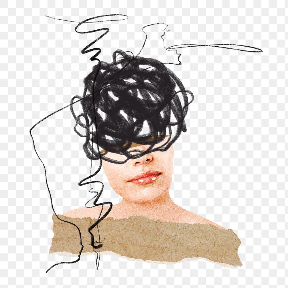 Depressed woman png sticker, scribble head collage, transparent background