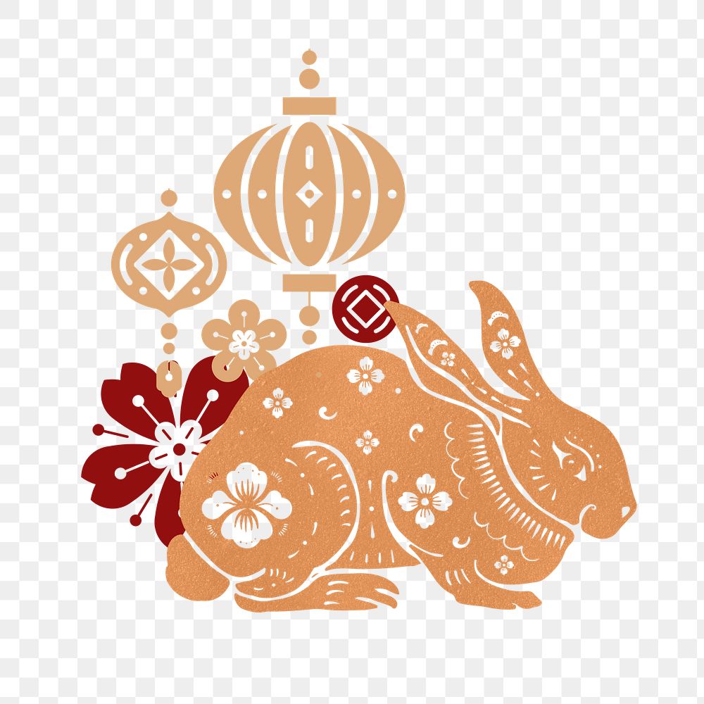 Floral rabbit png sticker, Chinese zodiac animal illustration, transparent background