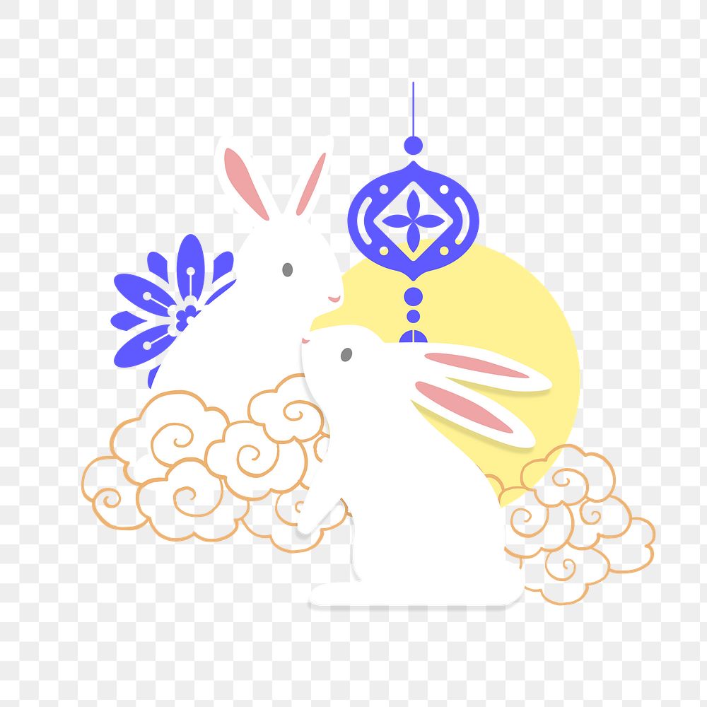 Chinese rabbits png sticker, oriental lantern graphic, transparent background