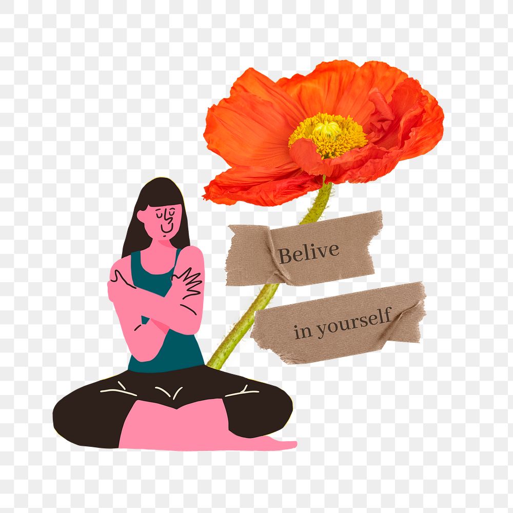 Woman hugging herself png sticker, believe in yourself quote, transparent background
