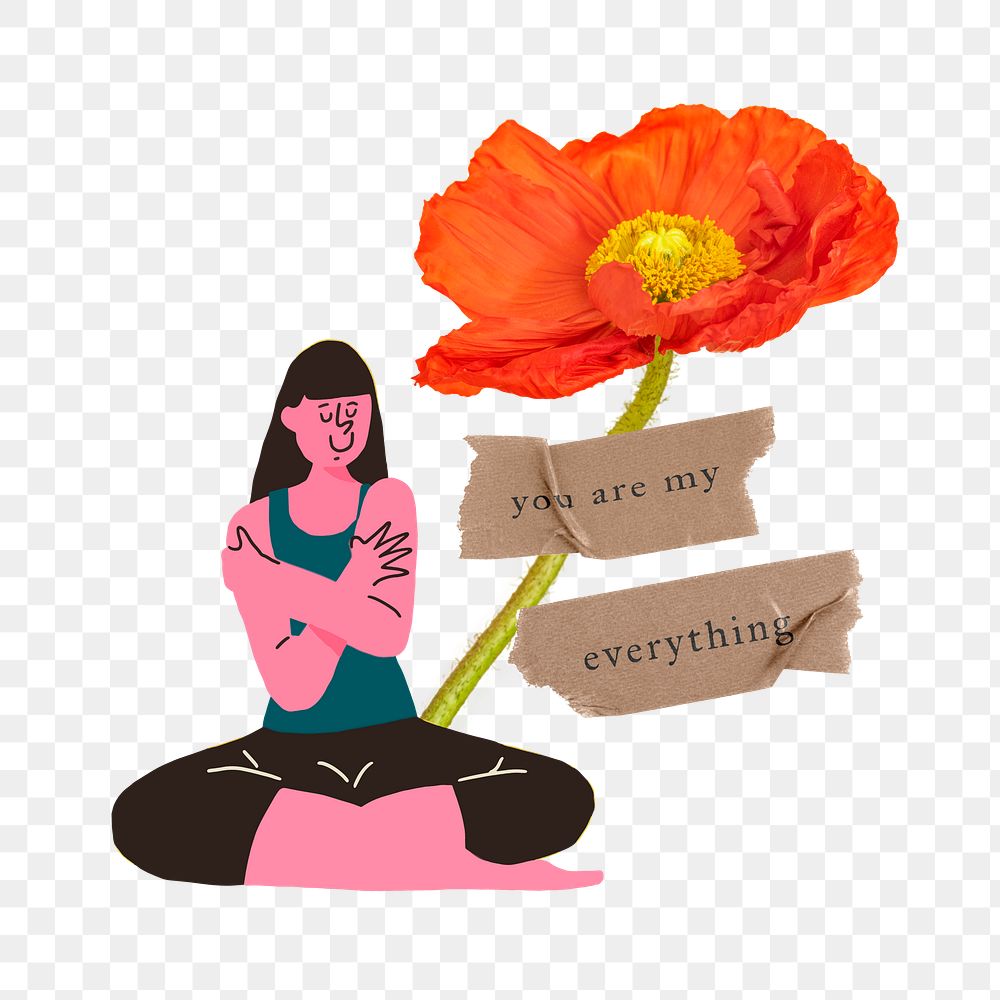 Woman hugging herself png sticker, you are my everything quote, transparent background