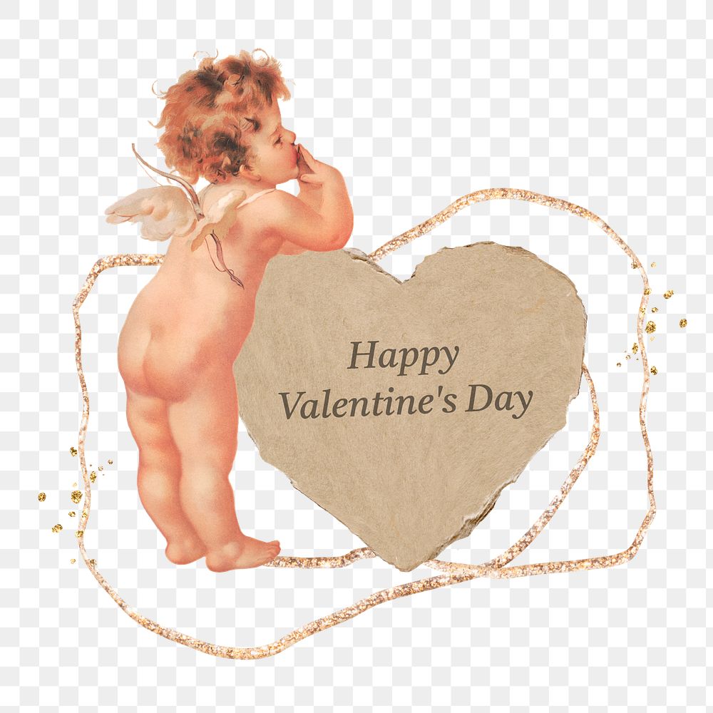 Happy Valentine's Day png word, cupid collage element, transparent background