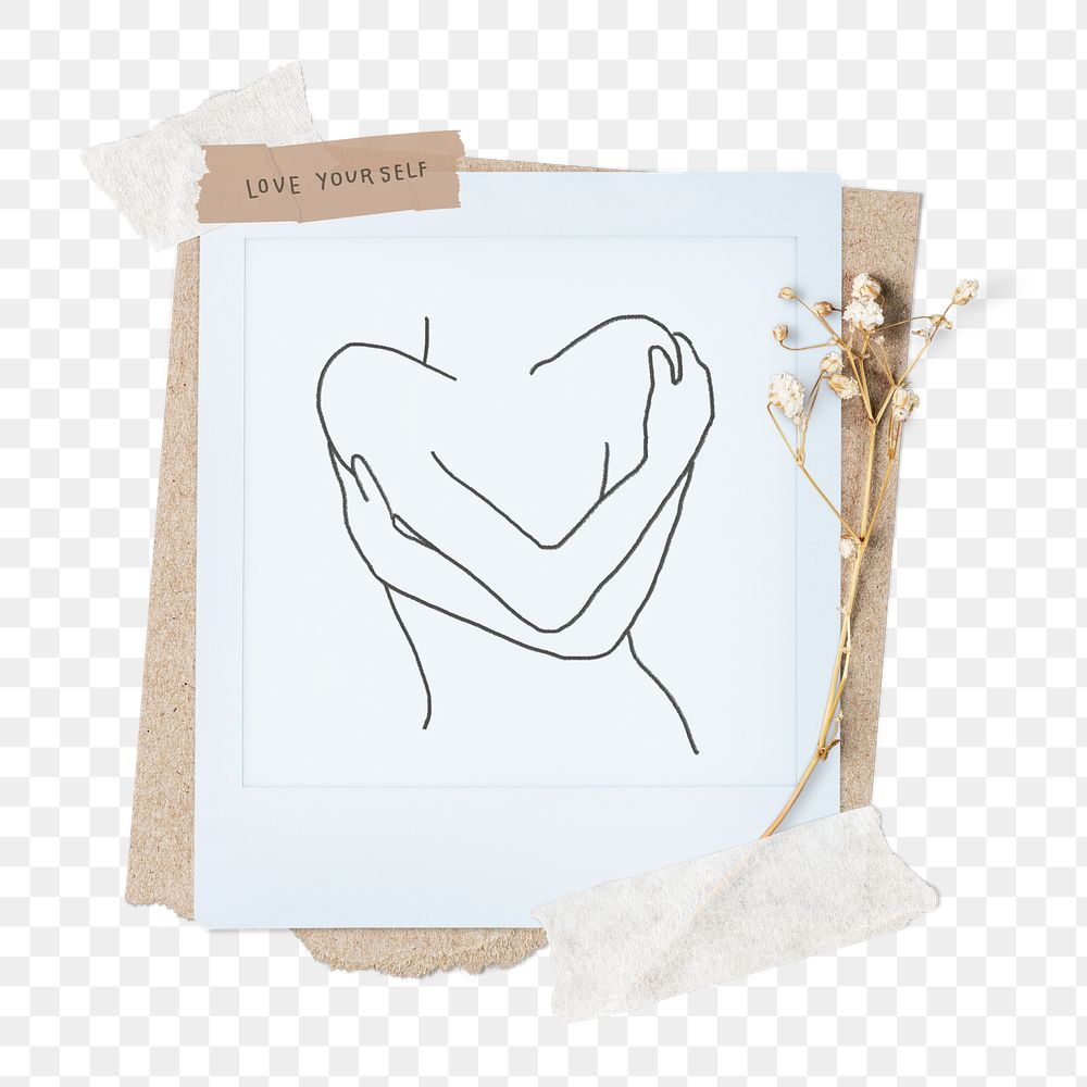 Woman's torso png line art, self-love graphic, transparent background