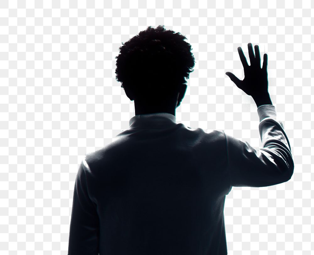 Png man touching invisible screen element, transparent background