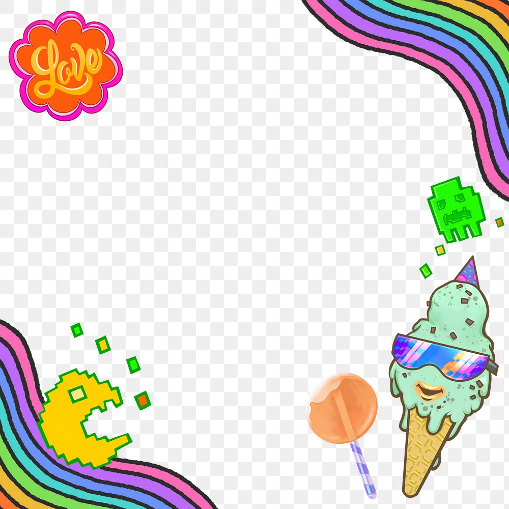 Funky ice-cream rainbow png border, transparent background