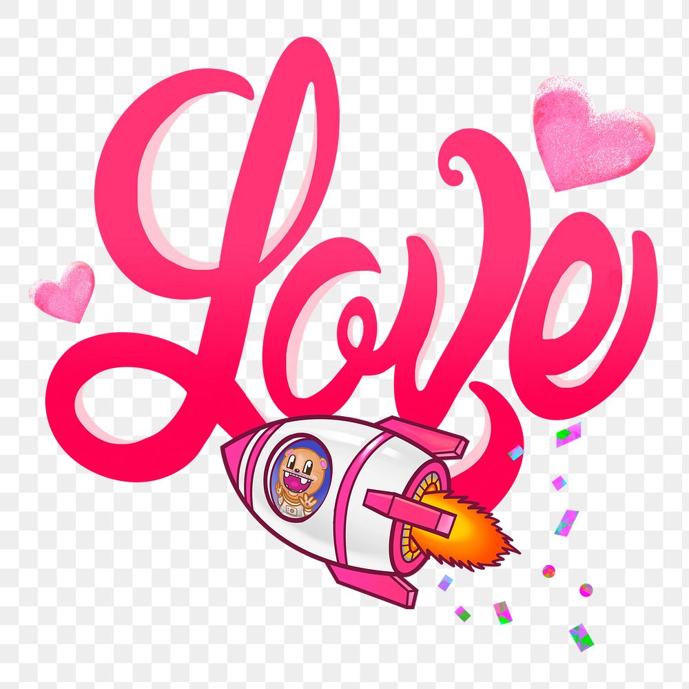 Love word png sticker, pink flying rocket cartoon, transparent background