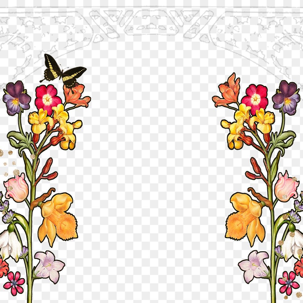 Flower border png art nouveau frame sticker, transparent background, remixed by rawpixel