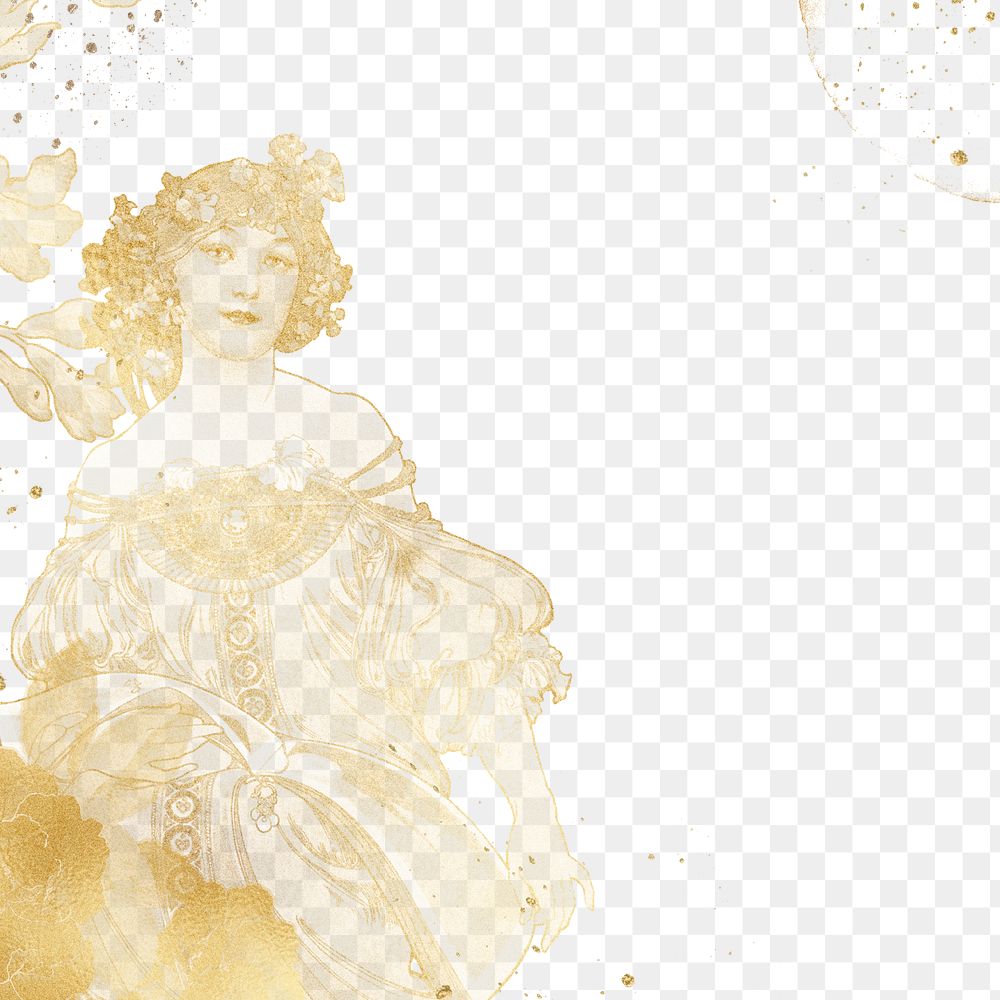 Alphonse Mucha's png gold frame, flower woman illustration, transparent background, remixed by rawpixel