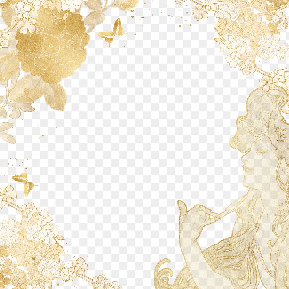 Alphonse Mucha's png gold frame, flower woman illustration, transparent background, remixed by rawpixel