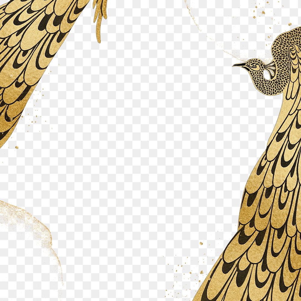 Gold peacock png bird border sticker, transparent background, remixed by rawpixel