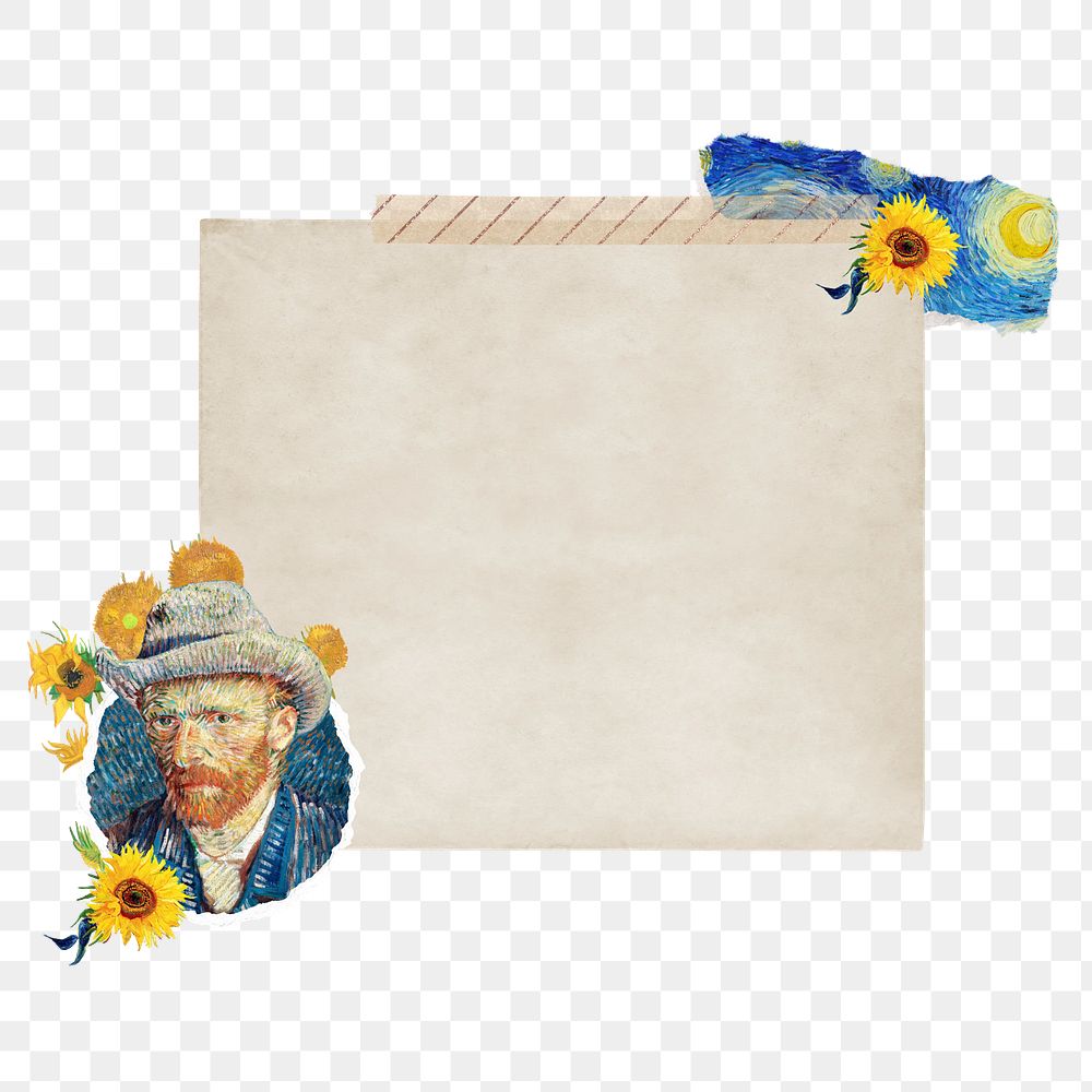 Vintage notepaper png Van Gogh's portrait sticker, transparent background, remixed by rawpixel