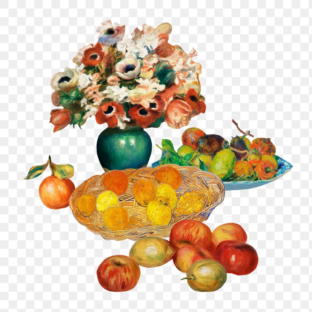 Famous painting png fruits and flower sticker, transparent background, remixed by rawpixel