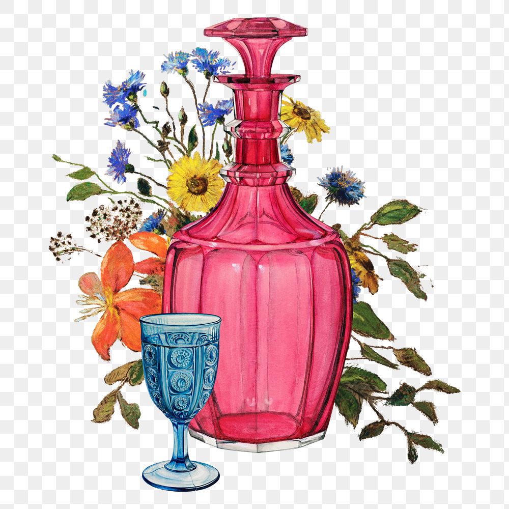 Floral pink bottle png sticker, transparent background. Vintage art remixed by rawpixel.