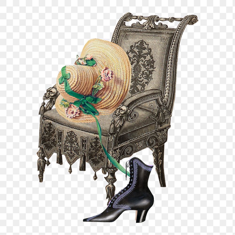 Woman's bonnet and boots near a chair png on transparent background, remixed by rawpixel
