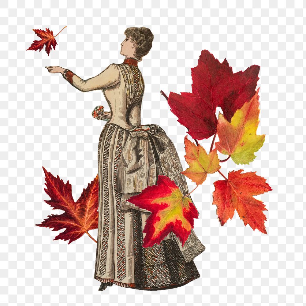 Png Victorian woman and maple leaves, vintage illustration on transparent background, remixed by rawpixel