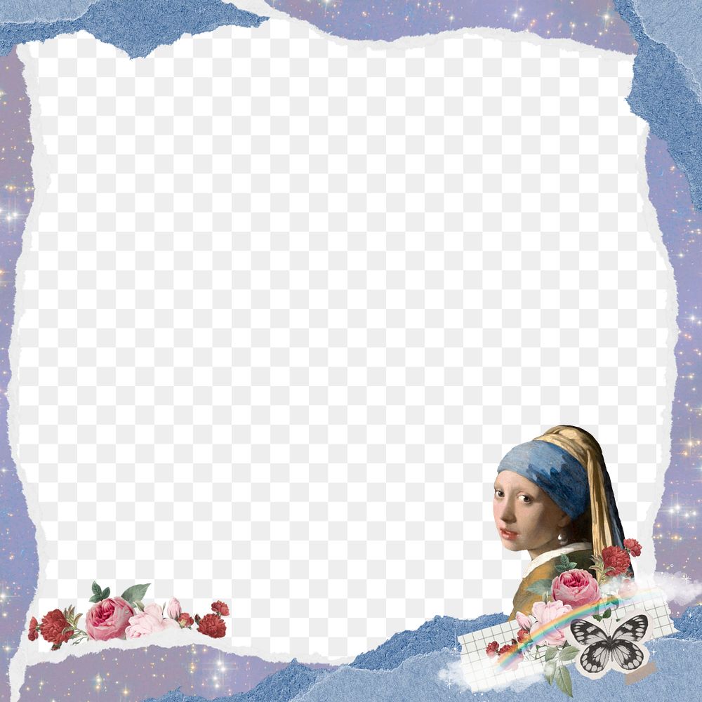 Vermeer girl png ripped paper frame, transparent background. Famous art remixed by rawpixel.